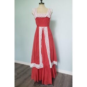 VTG 70s Jay's Maxi Dress Red Polka Dot Eyelet Lace Prairie Cottagecore Waist Tie